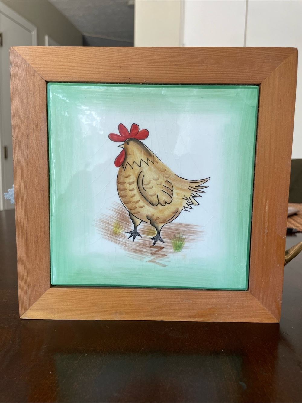 Vintage Harry & David 8x8 Ceramic Tile Wood Framed Rooster Hen Wall Decor